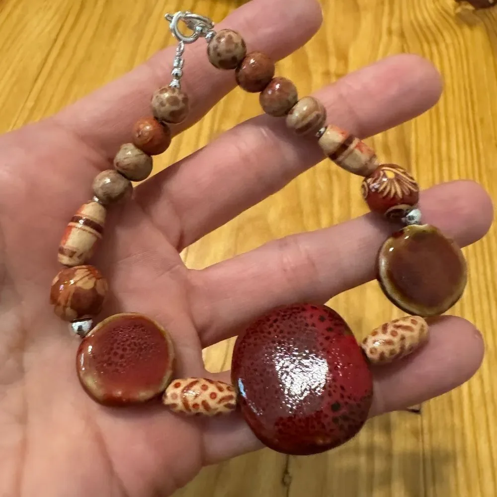 New Southwest Chunky FEATHER/LEAF PENDANT Beaded Necklace w/ Bracelet